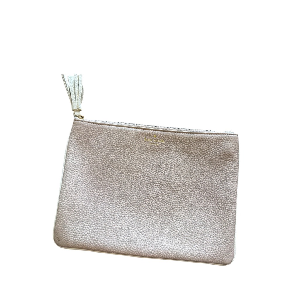 Kate Spade New York Pebbled Leather Tassel Zip Clutch Bag‎ Blush Pink Gold Logo